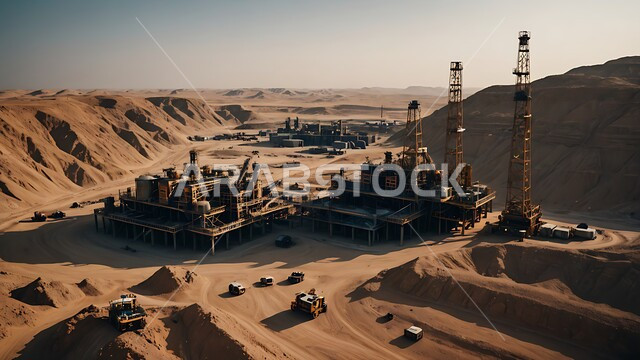 الأبراج والهياكل المعدنية في الأراضي الصحراوية في وقت النهار, النهضة بالاقتصاد الوطني السعودي, مستودعات وخزانات كبيرة وضخمة, صناعات ومشاريع بتروكيماوية، مفهوم هندسة البترول في دول الخليج, مصافي تكرير النفط والغاز, مصانع ومناجم الوقود في المملكة العربية السعودية