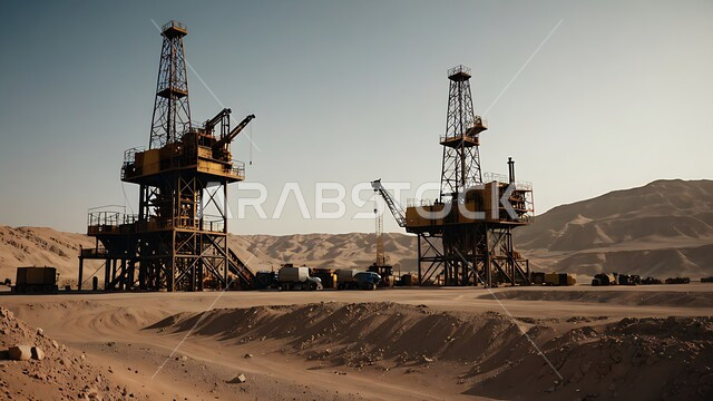 النهضة بالاقتصاد الوطني السعودي, الأبراج والهياكل المعدنية في الأراضي الصحراوية في وقت النهار, مستودعات وخزانات كبيرة وضخمة, صناعات ومشاريع بتروكيماوية، مفهوم هندسة البترول في دول الخليج, مصافي تكرير النفط والغاز, مصانع ومناجم الوقود في المملكة العربية السعودية