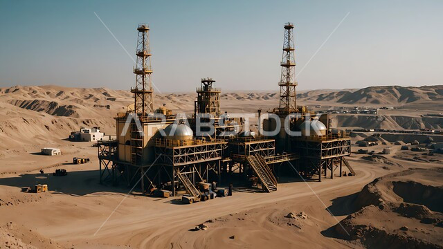النهضة بالاقتصاد الوطني السعودي, الأبراج والهياكل المعدنية في الأراضي الصحراوية في وقت النهار, مستودعات وخزانات كبيرة وضخمة, صناعات ومشاريع بتروكيماوية، مفهوم هندسة البترول في دول الخليج, مصافي تكرير النفط والغاز, مصانع ومناجم الوقود في المملكة العربية السعودية