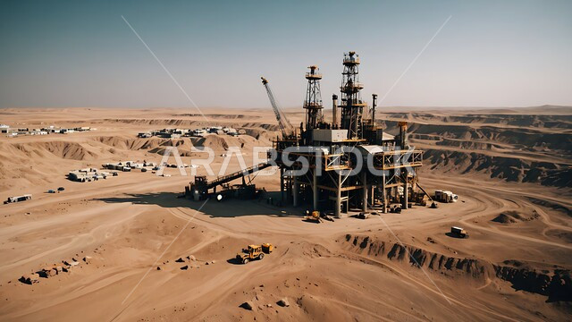 الأبراج والهياكل المعدنية في الأراضي الصحراوية في وقت النهار, مستودعات وخزانات كبيرة وضخمة, النهضة بالاقتصاد الوطني السعودي, صناعات ومشاريع بتروكيماوية، مفهوم هندسة البترول في دول الخليج, مصافي تكرير النفط والغاز, مصانع ومناجم الوقود في المملكة العربية السعودية