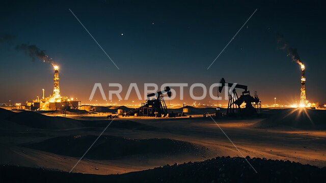 الأبراج والهياكل المعدنية في الأراضي الصحراوية في وقت الليل, مستودعات وخزانات كبيرة وضخمة, النهضة بالاقتصاد الوطني السعودي, صناعات ومشاريع بتروكيماوية، مفهوم هندسة البترول في دول الخليج, مصافي تكرير النفط والغاز, مصانع ومناجم الوقود في المملكة العربية السعودية