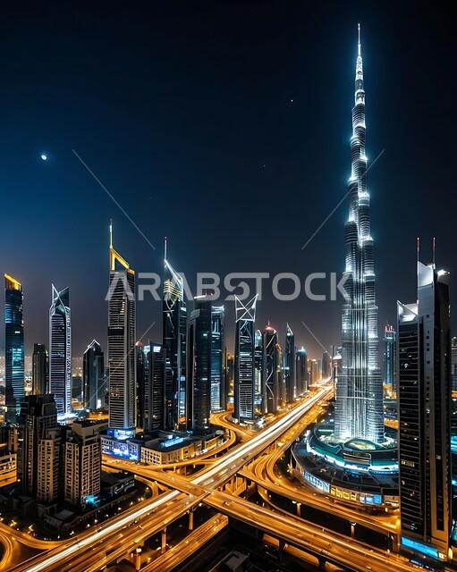 The urban growth and development of infrastructure, bridges and viaducts, the towers and skyscrapers surrounding the Burj Khalifa illuminated at night, the advanced architectural art of commercial and residential facilities in the city of Dubai, famous tourist attractions in the United Arab Emirates