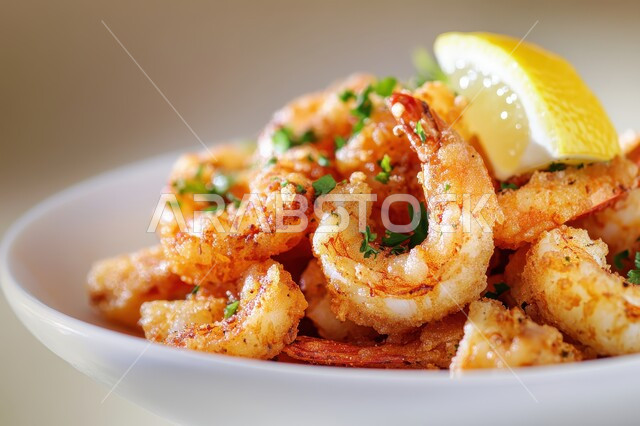 أطباق المقبلات الشهية، وجبات الطعام السريعة، طبق من الروبيان المقلي مع الصوص والخضار، فنون تقديم الجمبري في مطاعم ومطابخ المملكة العربيه السعودية، المأكولات البحريه الطازجة