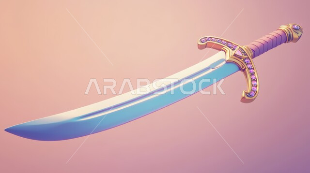 الانتيكات والتحف التراثية القديمة الشعبية، رسوم توضيحية ثلاثية الابعاد لسيف بقبضة مزخرفة, أصالة العادات والتقاليد في المملكة العربية السعودية, صناعات يدويه وحرف مميزة للأسلحة القديمة, خلفية وردية