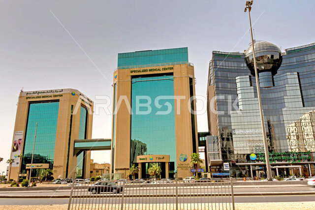 Advanced healthcare centers, modern architecture, huge glass facades of Riyadh Medical Center Hospital, greenery, growth and urban development of hospital buildings in Saudi Arabia