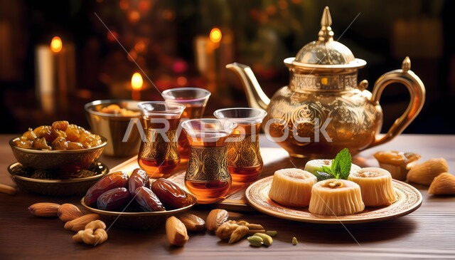 كرم وحسن الاستقبال في المملكة العربية السعودية, صورة مقربة لابريق ومجموعة من فناجين الشاي المزخرفة مع الحلويات, أواني وأدوات فاخرة, الاستمتاع بالمشروبات الساخنة, العادات والتقاليد العربية في الضيافة التقليدية