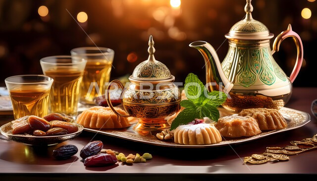 كرم وحسن الاستقبال في المملكة العربية السعودية, صورة مقربة لابريق ومجموعة من فناجين الشاي المزخرفة مع الحلويات, أواني وأدوات فاخرة, الاستمتاع بالمشروبات الساخنة, العادات والتقاليد العربية في الضيافة التقليدية