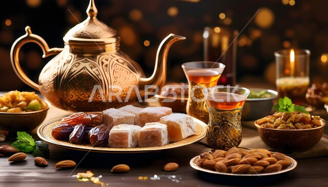 كرم وحسن الاستقبال في المملكة العربية السعودية, صورة مقربة لابريق ومجموعة من فناجين الشاي المزخرفة مع الحلويات, أواني وأدوات فاخرة, الاستمتاع بالمشروبات الساخنة, العادات والتقاليد العربية في الضيافة التقليدية