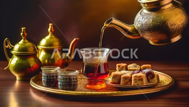 كرم وحسن الاستقبال في المملكة العربية السعودية, صورة مقربة ليدين رجل عربي يقوم بصب الشاي في الفناجين المزخرفة, أواني وأدوات فاخرة, الاستمتاع بالمشروبات الساخنة, العادات والتقاليد العربية في الضيافة التقليدية