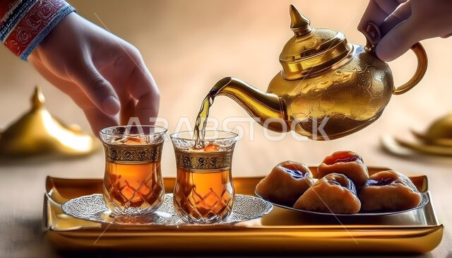 كرم وحسن الاستقبال في المملكة العربية السعودية, صورة مقربة ليدين رجل عربي يقوم بصب الشاي في الفناجين المزخرفة, أواني وأدوات فاخرة, الاستمتاع بالمشروبات الساخنة, العادات والتقاليد العربية في الضيافة التقليدية