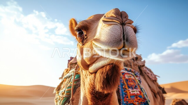 تربية الجمال والابل في المحميات الطبيعية، ارتباط حيوان الجمل بالعراقة والأصالة، الاهتمام برعاية المواشي والثدييات في المملكة العربية السعودية، صورة مقربة لوجه ناقة شقراء أصيلة