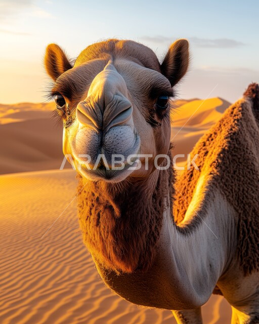 تربية الجمال والابل في المحميات الطبيعية، ارتباط حيوان الجمل بالعراقة والأصالة، الاهتمام برعاية المواشي والثدييات في المملكة العربية السعودية، صورة مقربة لوجه ناقة شقراء أصيلة