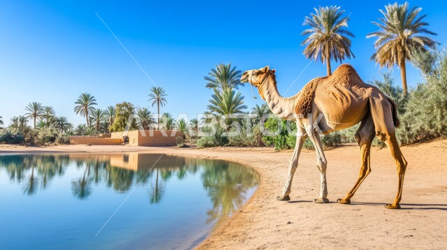 تربية الجمال والابل في المحميات الطبيعية في المملكة العربية السعودية، جمل عربي أصيل قرب بركة مياه في النهار، اشجار النخيل في الصحراء, الرمال الذهبية الناعمة، الاهتمام ورعاية المواشي والثدييات في الصحاري