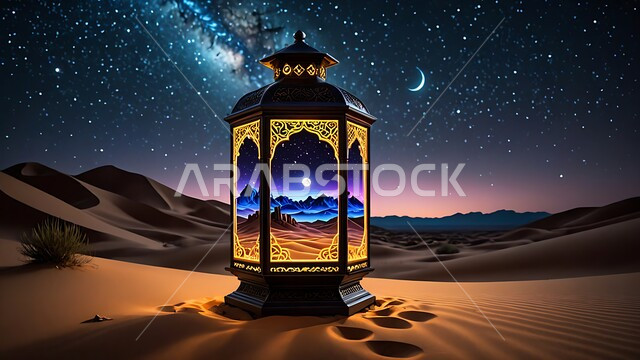 Desert environment and sand dunes in the wilderness areas of the Kingdom of Saudi Arabia, a decorated metal lantern illuminated in the sand, preparation for the holy month of Ramadan, lighting and decorations for religious holidays and occasions, the view of the crescent moon in the starry sky at night