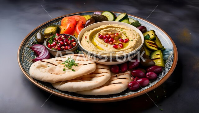 Delicious popular appetizers, healthy and nutritious breakfast meals, a plate of delicious hummus on a glass plate next to pieces of pita bread and fresh vegetables, restaurants for oriental cuisine, artistic methods in presenting food