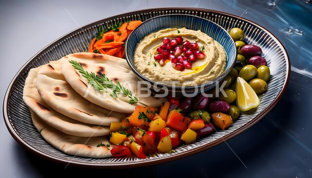 المقبلات الشعبية الشهية، وجبات الفطور الصحية المغذية، طبق من الحمص اللذيذ على صحن زجاجي بجانب قطع من خبز البيتا والخضراوات الطازجة، مطاعم للمأكولات الشرقية، الأساليب الفنية في تقديم الطعام