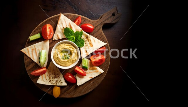 وجبات الفطور الصحية المغذية، طبق من الحمص اللذيذ على لوح خشبي بجانب قطع من خبز البيتا والخضراوات الطازجة، المقبلات الشعبية الشهية، مطاعم للمأكولات الشرقية، الأساليب الفنية في تقديم الطعام