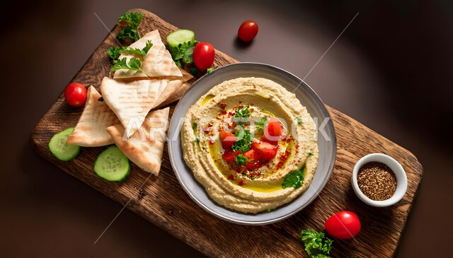 وجبات الفطور الصحية المغذية، طبق من الحمص اللذيذ على لوح خشبي بجانب قطع من خبز البيتا والخضراوات الطازجة، المقبلات الشعبية الشهية، مطاعم للمأكولات الشرقية، الأساليب الفنية في تقديم الطعام