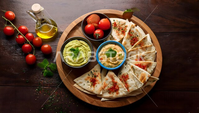 وجبات الفطور الصحية المغذية، طبق من الحمص اللذيذ على لوح خشبي بجانب قطع من خبز البيتا والخضراوات الطازجة، المقبلات الشعبية الشهية، مطاعم للمأكولات الشرقية، الأساليب الفنية في تقديم الطعام