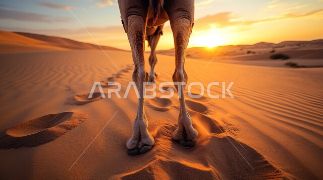 الاهتمام في تربية الجمال والإبل، حيوانات التنقل والسفر في القدم، أهمية رعاية الناقة العربية في المملكة العربية السعودية, صورة مقربة لاقدام الجمل في الصحراء, الرمال الذهبية الناعمة وقت غروب الشمس