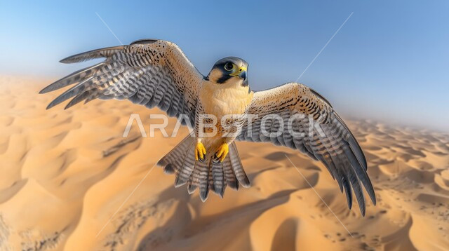 نسر يحلق بجناحيه الكبيرين في السماء الصافية في الصحراء، مفهوم الافتراس وحدة البصر، تنوع الماشية والطيور الجارحة, الحياة البرية في المملكة العربية السعودية