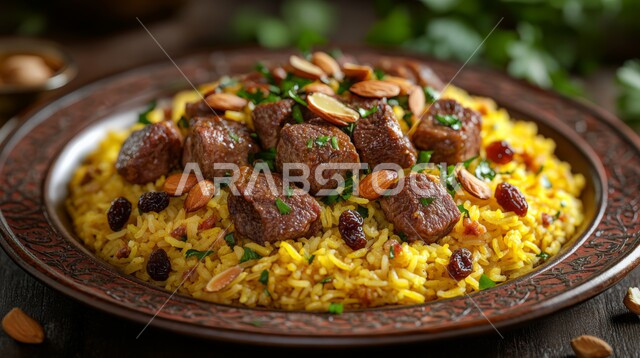 Food presentation arts in traditional oriental restaurants, a plate of delicious biryani rice with lamb pieces decorated with nuts, delicious healthy food recipes and dishes, popular Gulf Arab Saudi dishes