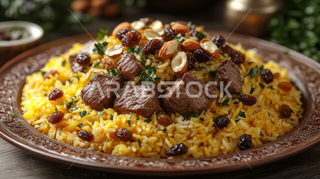 فنون تقديم الطعام في مطاعم المأكولات التقليدية الشرقية، طبق من أرز البرياني اللذيذ مع قطع لحم الضأن المزين بالمكسرات، وصفات وأطباق طعام لذيذة صحية، أكلات شعبية عربية خليجية سعودية