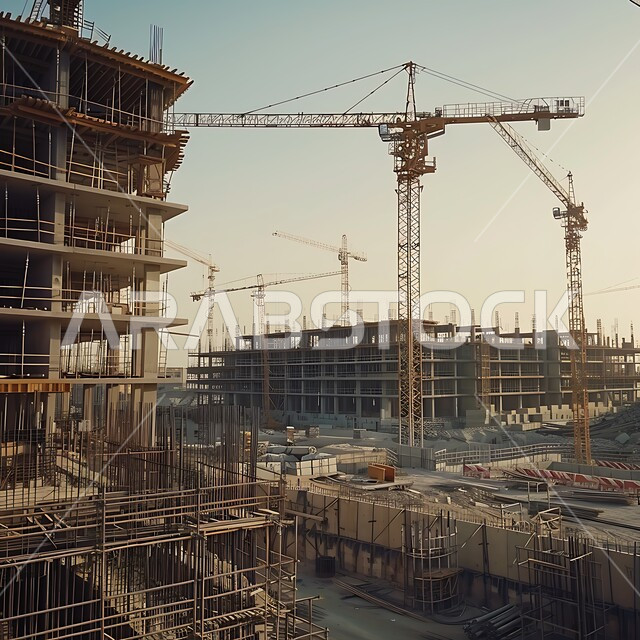 مفهوم الهندسة الانشائية والمعمارية, أعمال البناء وصب الخرسانات ووضع الأساسات, تنفيذ مخطط الإعمار وتشكيل الهيكل المعدني, برج تحت التشييد باستخدام الآليات الحديثة, مبنى قيد الانشاء في المملكة العربية السعودية, الآلات والمعدات الثقيلة والرافعات والسقالات العالية