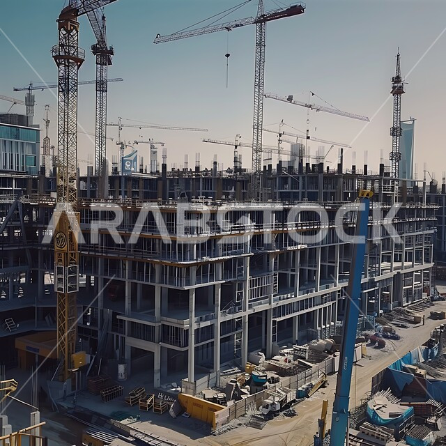 مبنى قيد الانشاء في المملكة العربية السعودية, الآلات والمعدات الثقيلة والرافعات والسقالات العالية, مفهوم الهندسة الانشائية والمعمارية, أعمال البناء وصب الخرسانات ووضع الأساسات, تنفيذ مخطط الإعمار وتشكيل الهيكل المعدني, برج تحت التشييد باستخدام الآليات الحديثة