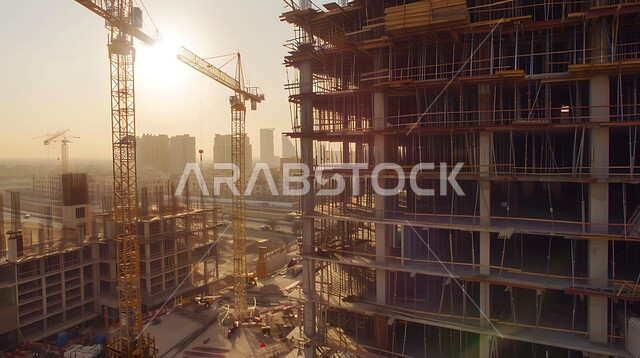 مفهوم الهندسة الانشائية والمعمارية, أعمال البناء وصب الخرسانات ووضع الأساسات, تنفيذ مخطط الإعمار وتشكيل الهيكل المعدني, برج تحت التشييد باستخدام الآليات الحديثة, مبنى قيد الانشاء في المملكة العربية السعودية, الآلات والمعدات الثقيلة والرافعات والسقالات العالية