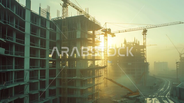 الآلات والمعدات الثقيلة والرافعات والسقالات العالية, مفهوم الهندسة الانشائية والمعمارية, أعمال البناء وصب الخرسانات ووضع الأساسات, تنفيذ مخطط الإعمار وتشكيل الهيكل المعدني, برج تحت التشييد باستخدام الآليات الحديثة, مبنى قيد الانشاء في المملكة العربية السعودية