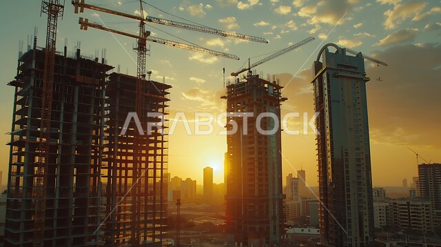 الآلات والمعدات الثقيلة والرافعات والسقالات العالية, مفهوم الهندسة الانشائية والمعمارية, أعمال البناء وصب الخرسانات ووضع الأساسات, تنفيذ مخطط الإعمار وتشكيل الهيكل المعدني, برج تحت التشييد باستخدام الآليات الحديثة, مبنى قيد الانشاء في المملكة العربية السعودية