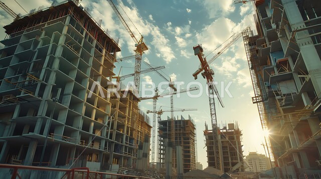 Building under construction in Saudi Arabia, Heavy machinery and equipment, cranes and high scaffolding, Concept of structural and architectural engineering, Construction works, concrete pouring and foundation laying, Implementation of construction plan and formation of metal structure, Tower under construction using modern machinery