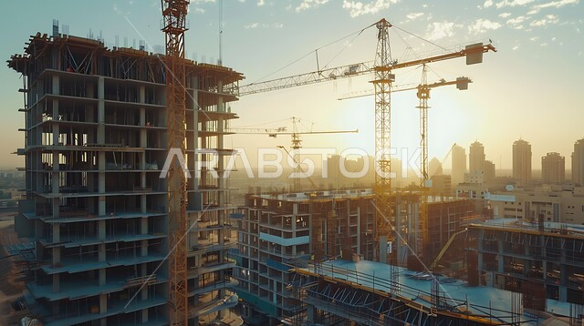 مبنى قيد الانشاء في المملكة العربية السعودية, الآلات والمعدات الثقيلة والرافعات والسقالات العالية, مفهوم الهندسة الانشائية والمعمارية, أعمال البناء وصب الخرسانات ووضع الأساسات, تنفيذ مخطط الإعمار وتشكيل الهيكل المعدني, برج تحت التشييد باستخدام الآليات الحديثة