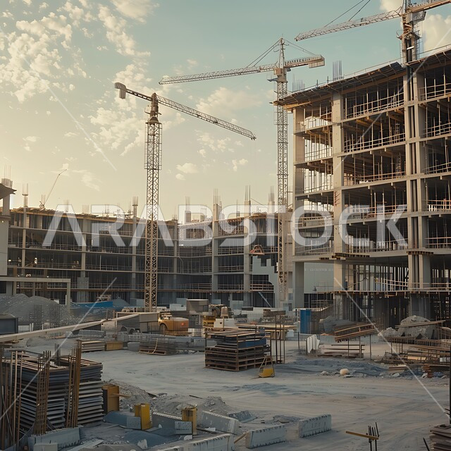 مفهوم الهندسة الانشائية والمعمارية, أعمال البناء وصب الخرسانات ووضع الأساسات, تنفيذ مخطط الإعمار وتشكيل الهيكل المعدني, برج تحت التشييد باستخدام الآليات الحديثة, مبنى قيد الانشاء في المملكة العربية السعودية, الآلات والمعدات الثقيلة والرافعات والسقالات العالية