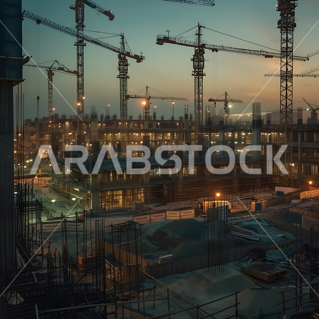 Heavy machinery and equipment, cranes and high scaffolding, concept of structural and architectural engineering, construction works, concrete pouring and foundation laying, implementation of the construction plan and forming the metal structure, tower under construction using modern machinery, building under construction in the Kingdom of Saudi Arabia