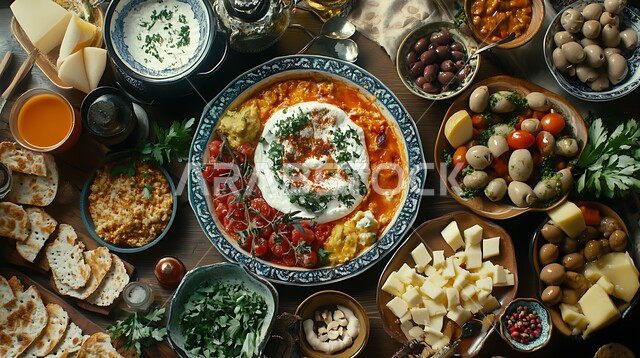 وجبة فطور صباحية مفيدة وسريعة، وجبات ومأكولات للحميات الغذائية، سفرة إفطار طازجة ومغذية مليئة بالبروتينات الصحية، طبق البيض المقلي مع الطماطم والخضار, المقبلات النباتية الباردة اللذيذة