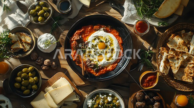 سفرة إفطار طازجة ومغذية مليئة بالبروتينات الصحية، طبق البيض المقلي مع الطماطم والخضار, المقبلات النباتية الباردة اللذيذة, وجبة فطور صباحية مفيدة وسريعة, وجبات ومأكولات للحميات الغذائية