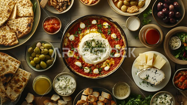 وجبة فطور صباحية مفيدة وسريعة، وجبات ومأكولات للحميات الغذائية، سفرة إفطار طازجة ومغذية مليئة بالبروتينات الصحية، طبق البيض المقلي مع الطماطم والخضار, المقبلات النباتية الباردة اللذيذة