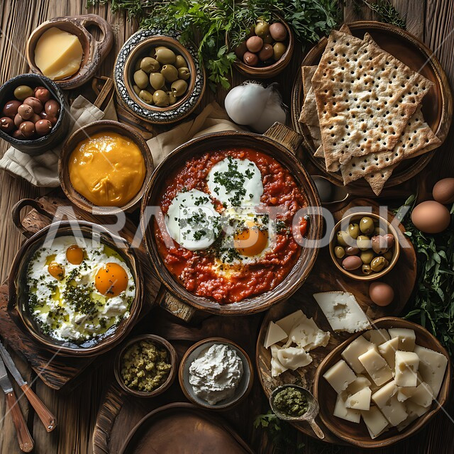 Diet meals and foods, fresh and nutritious breakfast table full of healthy proteins, fried eggs with tomatoes and vegetables, delicious cold vegetarian appetizers, useful and quick morning breakfast