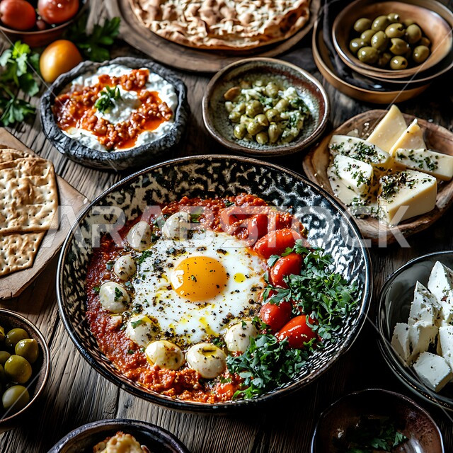 وجبة فطور صباحية مفيدة وسريعة، وجبات ومأكولات للحميات الغذائية، سفرة إفطار طازجة ومغذية مليئة بالبروتينات الصحية، طبق البيض المقلي مع الطماطم والخضار, المقبلات النباتية الباردة اللذيذة