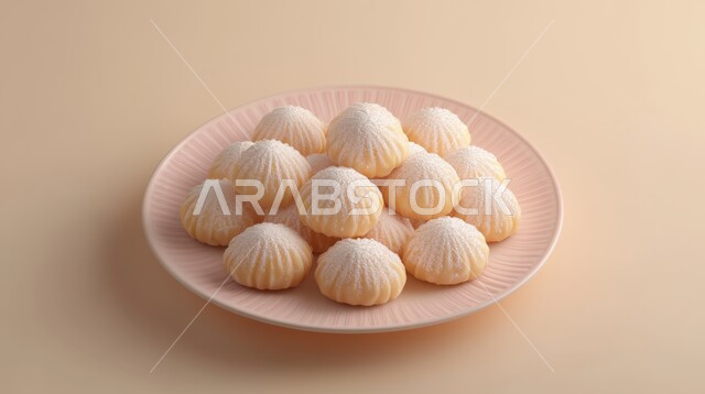  حلى سعودي تقليدي، طريقة إعداد وتحضير الحلويات الشهية، الاستعداد لاستقبال الأعياد والمناسبات الإسلامية، صورة مقربة لطبق من أقراص المعمول بالعجوة والتمر، قطع معمول العيد الشهية، كرم الضيافة وحسن الاستقبال في السعودية, منتجات محلية وطنية، خلفية بيج