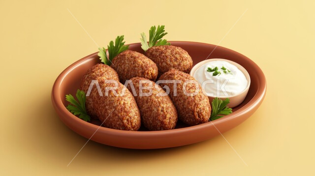 فن تقديم مطاعم ومطابخ المملكة العربية السعودية، طبق من الكبة المقلية المزينة بالبقدونس واللبن، وجبات غذائية ذات سعرات حرارية عالية، اصناف من المأكولات الشرقية، الأساليب الفنية في تحضير الطعام، خلفية صفراء