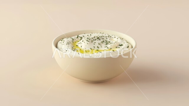 وجبة الفطور المغذية والمشبعة، طبق من لبن الزبادي المزين بالنعناع والأعشاب وزيت الزيتون، منتجات محلية وطنية في المملكة العربية السعودية، الأكلات التقليدية الشعبية، سناكات خفيفة ولذيذة، وجبات اتباع الحميات الغذائية، خلفية بيج