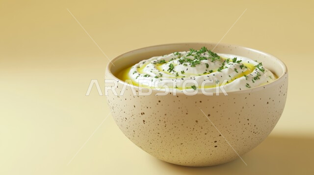 وجبة الفطور المغذية والمشبعة، طبق من لبن الزبادي المزين بالنعناع والأعشاب وزيت الزيتون، منتجات محلية وطنية في المملكة العربية السعودية، الأكلات التقليدية الشعبية، سناكات خفيفة ولذيذة، وجبات اتباع الحميات الغذائية، خلفية بيج