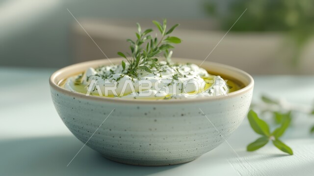 وجبة الفطور المغذية والمشبعة، صورة مقربة لطبق من لبن الزبادي المزين بالنعناع والأعشاب وزيت الزيتون، منتجات محلية وطنية في المملكة العربية السعودية، الأكلات التقليدية الشعبية، سناكات خفيفة ولذيذة، وجبات اتباع الحميات الغذائية
