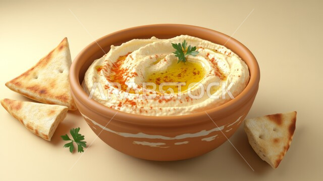 المقبلات النباتية الباردة اللذيذة، طبق من الحمص الكريمي المزين بزيت الزيتون والتوابل والاوراق الخضراء مع خبز البيتا الطازج، مأكولات وأطباق شعبية تقليدية، وصفات طعام شرقية عربية سعودية، تزيين الطعام بأساليب فنية، فطور عربي تقليدي، أطعمة ذات انتاج محلي وطني