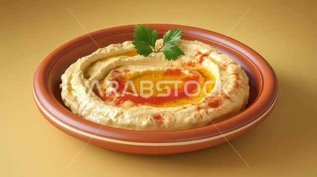 Traditional Arabic breakfast, locally produced food, delicious cold vegetarian appetizers, clay pot dish of delicious creamy hummus decorated with olive oil, spices and green leaves, traditional popular foods and dishes, Saudi Arabian oriental food recipes, food decoration in artistic ways, beige background