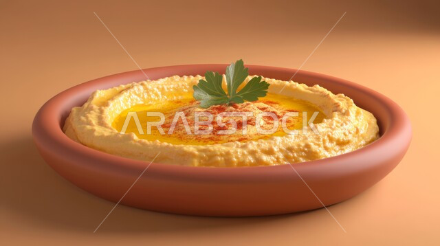 فطور عربي تقليدي، أطعمة ذات انتاج محلي وطني، المقبلات النباتية الباردة اللذيذة، طبق فخار من الحمص الكريمي اللذيذ المزين بزيت الزيتون والتوابل والاوراق الخضراء، مأكولات وأطباق شعبية تقليدية، وصفات طعام شرقية عربية سعودية، تزيين الطعام بأساليب فنية، خلفية بيج