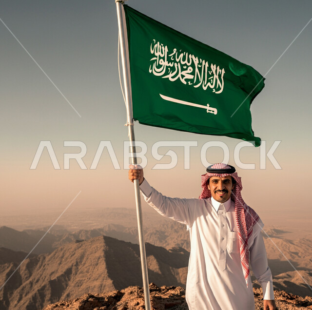 Celebrating Flag Day March 11, Remembering History and National Identity, Saudi National Day September 23, Saudi Arabian Gulf man looking at the camera wearing traditional thobe and shemagh holding the national flag in his hand